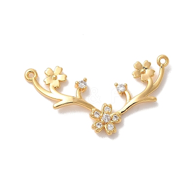 Brass Pave Clear Cubic Zirconia Flower with Deer Horn Links Connector Charms KK-M294-10G-1