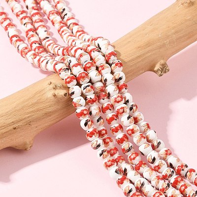 Handmade Flower Printed Porcelain Ceramic Beads Strands PORC-M005-6mm-06-1