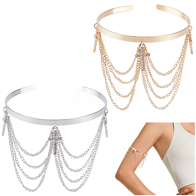2Pcs 2 Colors Bohemia Style Tassel Alloy Upper Arm Open Cuff Bangles for Women BJEW-CY0001-03B-1