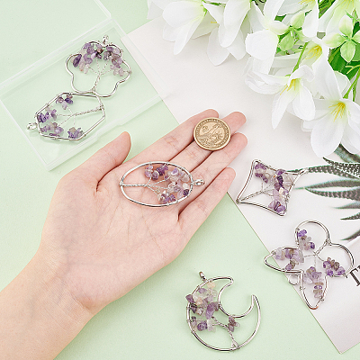 6Pcs 6 Styles Natural Amethyst Copper Wire Wrapped Chip Big Pendants G-PH0002-16-1