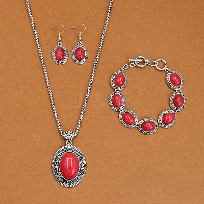 Oval Alloy with Synthetic Turquoise Pendant Necklaces & Dangle Earrings & Link Bracelets Sets WGD1135-07-1