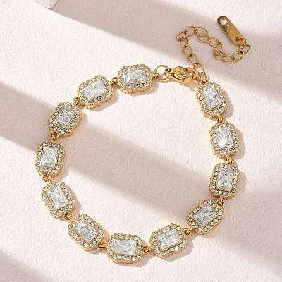304 Stainless Steel Full Rhinestone Rectangle Link Chain Bracelets SA-CBABBEA-03G-1