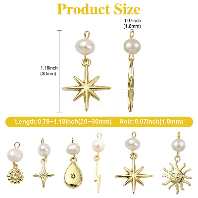 6Pcs 6 Styles Brass & Natural Pearl Flower Star Sun Pendants KK-CJ0002-77-1