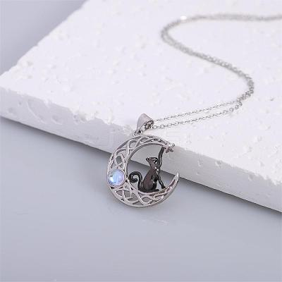 Black Cat Moonstone Brass Necklace Black Cat on the Moon Pendant Necklaces JN1112A-1