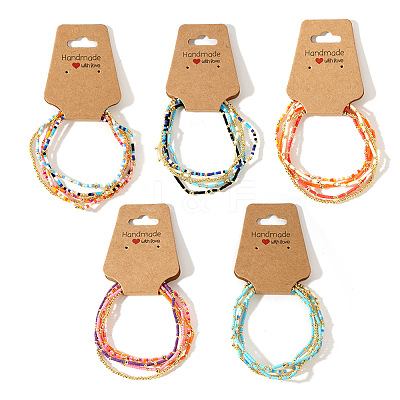 Boho Brass and Colorful Glass Seed Beaded Stretch Bracelet Set XU0240-1
