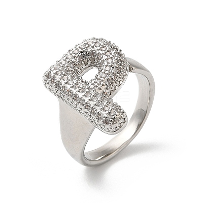 Letter Brass Micro Pave Clear Cubic Zirconia Open Cuff Ring for Women RJEW-N046-03P-P-1
