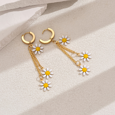 201 Stainless Steel Daisy Tassel Hoop Earrings DC3639-1