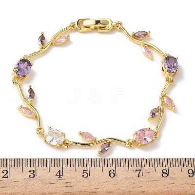 Brass Micro Pave Cubic Zirconia Oval & Leaf Link Chain Bracelets for Women BJEW-G764-05G-01-1