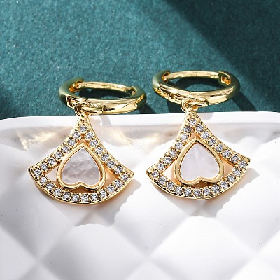 Fan with Heart Brass Micro Pave Clear Cubic Zirconia Hoop Earrings KK-D363-13G-1