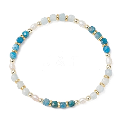 Natural Aquamarine & Natural Apatite  Cube Beaded Stretch Bracelets for Women BJEW-JB13390-02-1
