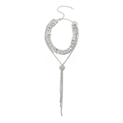 Brass Full Rhinestone Flat Round Tassel Y Necklaces for Women NJEW-M104-01S-02-1