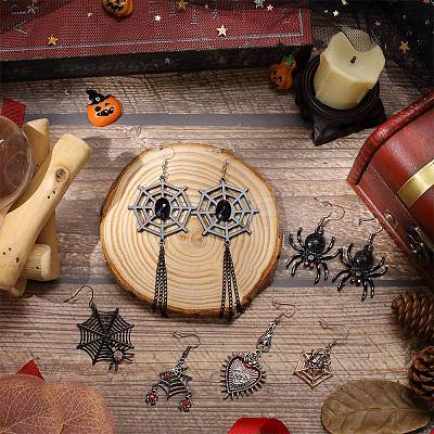 6 Pairs 6 Styles Halloween Spider Web & Heart with Evil Eye Alloy Enamel Dangle Earrings for Women EJEW-SC0001-37-1