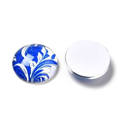 Blue and White Floral Printed Glass Cabochons X-GGLA-A002-18mm-XX-1