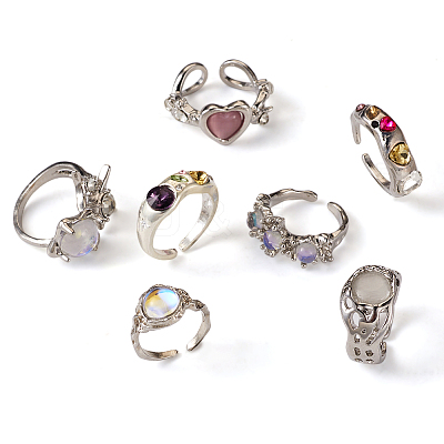 7Pcs 7 Style Rhinestone Heart & Star & Half Round Open Cuff Rings Set with Cat Eye Beaded RJEW-TA0001-03-1