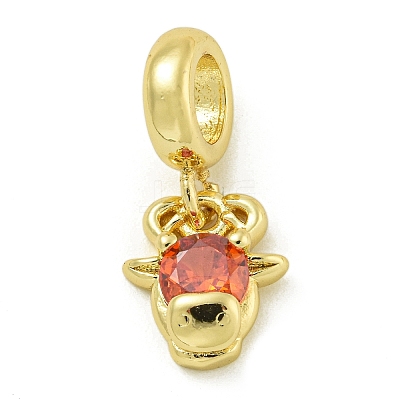 Rack Plating Brass Pave Orange Red Cubic Zirconia Cattle Head European Dangle Charms KK-Z067-47G-1