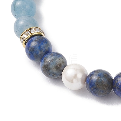 Natural Lapis Lazuli &  Quartz & Shell Pearl Round Beads Stretch Bracelets for Women BJEW-JB12229-03-1