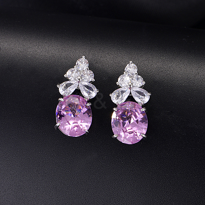 Brass Pave Cubic Zirconia Oval with Flower Stud Earrings for Women ML2840-3-1