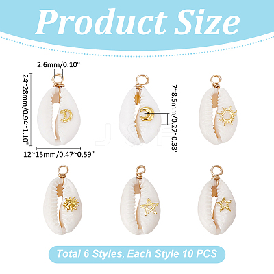 60Pcs 6 Styles Natural Cowrie Shell Pendants PALLOY-ME00013-1