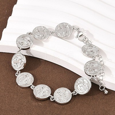 Flat Round with Saint Benedict Brass Link Chain for Women BJEW-K248-06A-P-1