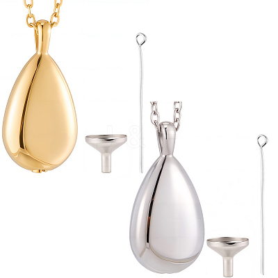 2Pcs 2 Colors 201 Stainless Steel Teardrop Memorial Urn Ashes Pendant Necklaces NJEW-CN0001-21-1