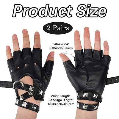 2 Pairs PU Leather Biker Punk Gloves with Belt AJEW-CL0003-02-1
