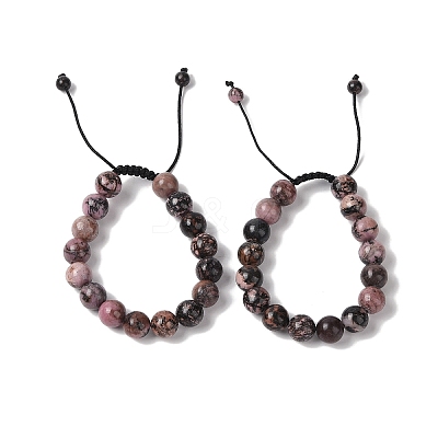10mm Round Natural Rhodonite Braided Bead Bracelets BJEW-C067-01C-13-1