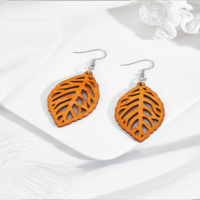 1 Pair Leaf Wood Dangle Earrings EJEW-LP0007-122-1