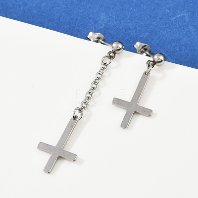 Christian Upside Down Cross 201 Stainless Steel Dangle Stud Earrings EJEW-P314-01C-P-1