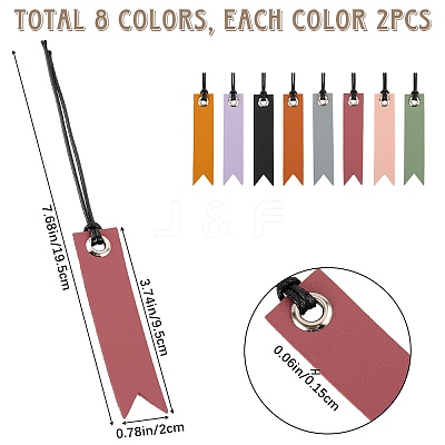 16Pcs 8 Colors Leather Bookmarks AJEW-CP0007-55-1