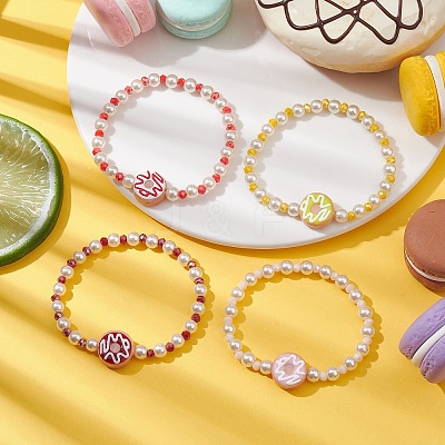 Lampwork Enamel Donut & Glass Beaded Stretch Bracelet BJEW-JB10132-1
