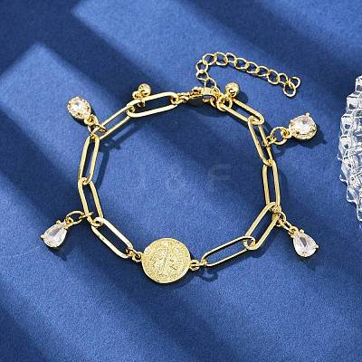 Rack Plating Teardrop Brass Micro Pave Cubic Zirconia Charm Bracelets BJEW-L702-01G-1