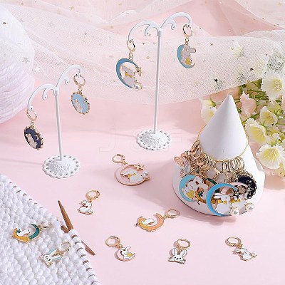 Rabbit with Moon Alloy Enamel Pendant Stitch Markers HJEW-SC00011-1