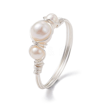 Copper Wire Wrapped Natural Cultured Freshwater Pearl Open Ring RJEW-JR00631-02-1