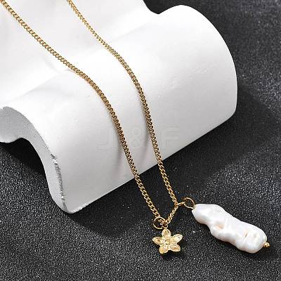 Natural Freshwater Keshi Pearl Stick & 304 Stainless Steel Flower Pendant Necklaces for Women NJEW-K255-55G-1
