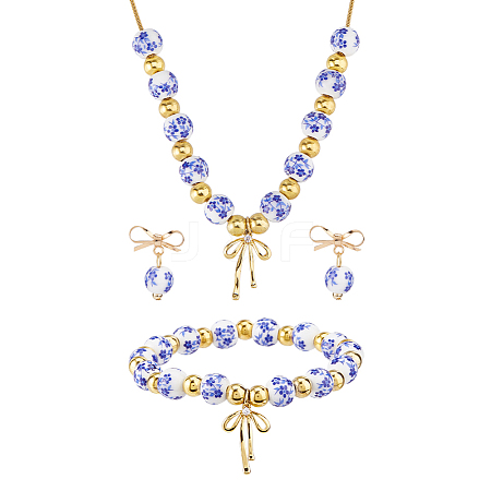 Flower Printed Porcelain Bead with Brass Bowknot Dangle Stud Earrings & Charm Bracelet & Pendant Necklaces Sets SJEW-DC00004-1