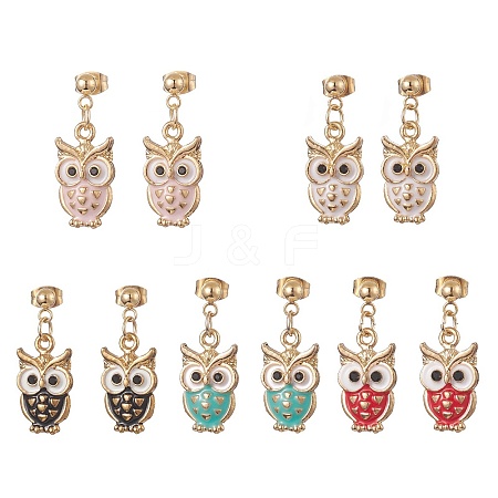 5 Pair 5 Color Alloy Enamel Owl Dangle Stud Earrings EJEW-JE05235-1