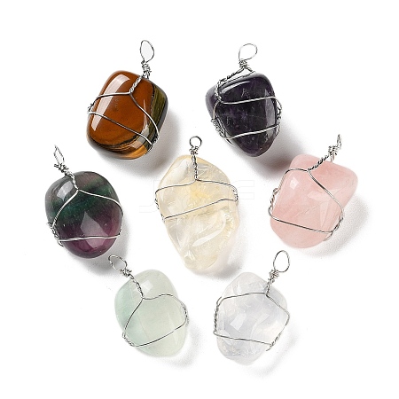 Natural Mixed Stone Copper Wire Wrapped Pendants G-G104-04-1