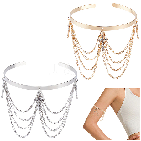 2Pcs 2 Colors Bohemia Style Tassel Alloy Upper Arm Open Cuff Bangles for Women BJEW-CY0001-03B-1