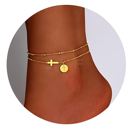 Brass Sideways Cross Link Anklets with Flat Round Initial Charms FS-WG12DAA-17-1