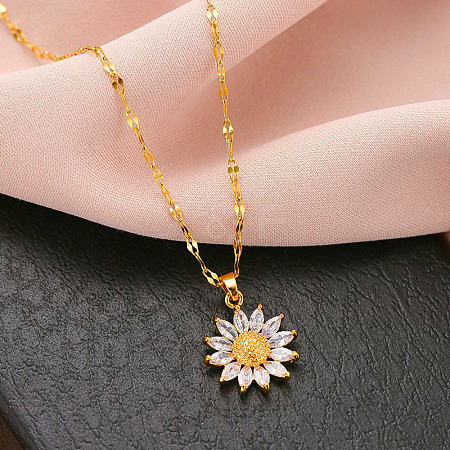 Sunflower 304 Stainless Steel Clear Cubic Zirconia Pendant Necklaces for Women FS-WG5C110-01-1