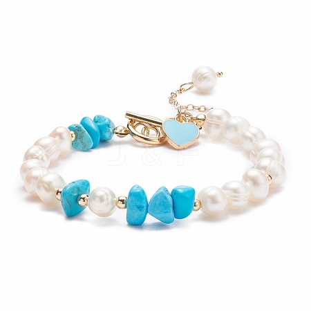 Synthetic Howlite & Pearl Beaded Bracelet with Alloy Enamel Heart Charms BJEW-JB08039-04-1