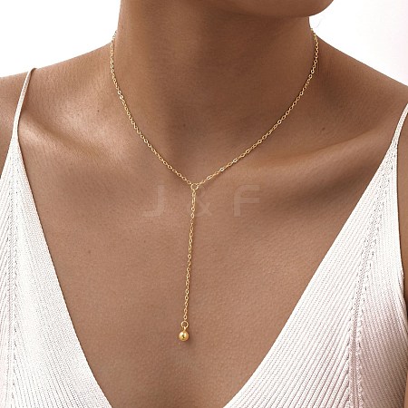 304 Stainless Steel Round Ball Y Tassel Necklaces LS-NJEW-D322-01G-1