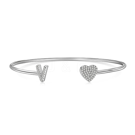 Anti-Tarnish Heart & Letter Rhodium Plated 925 Sterling Silver Micro Pave Cubic Zirconia Cuff Bangles for Women BJEW-C062-01V-P-1