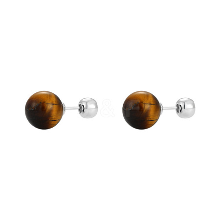 Natural Tiger Eye Round Ball Stud Earrings with Sterling Silver Pins for Women FIND-PW0021-14B-1