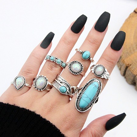 8Pcs Alloy with Synthetic Turquoise Finger Rings FS-WGB916C-03-1