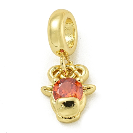 Rack Plating Brass Pave Orange Red Cubic Zirconia Cattle Head European Dangle Charms KK-Z067-47G-1