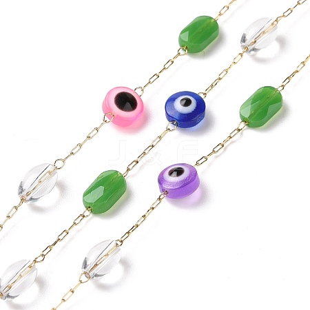 Flat Round with Evil Eye Glass Beaded Chains AJEW-J035-04G-02-1