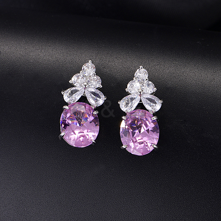 Brass Pave Cubic Zirconia Oval with Flower Stud Earrings for Women ML2840-3-1