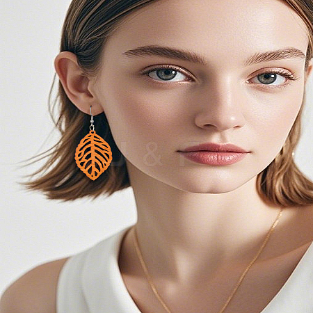 1 Pair Leaf Wood Dangle Earrings EJEW-LP0007-122-1