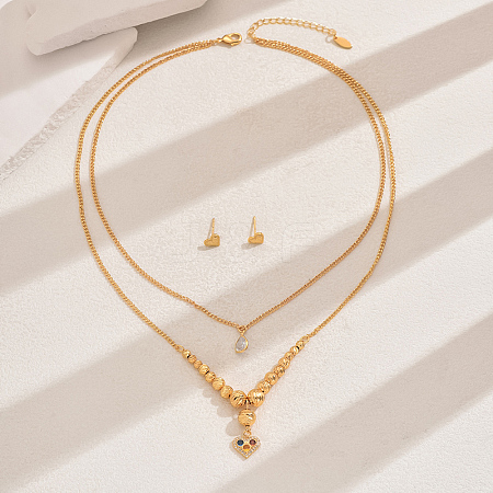 Fashionable Vintage Brass Heart Double-layer Pendant Necklace & Stud Earring Set for Women WZ9346-1-1